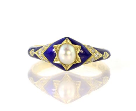 An antique Victorian pearl, diamond and enamel dress ring in 18ct yellow gold, the central pearl within a star shape mount, f