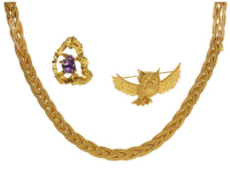 TRIFARI A vintage yellow metal owl brooch by Trifari together with a naturalistic Grima style amethyst and yellow metal penda