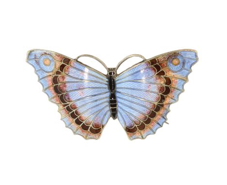 A vintage Sterling Silver and guilloche enamel butterfly brooch, circa 1920, possibly Norwegian. Designed as a butterfly with