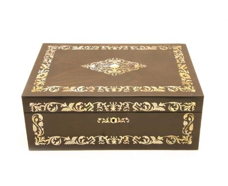 A late Victorian ebony travelling sewing box, mid 19th Century, with mother of pearl floral banded inlay, the lid lifting to 