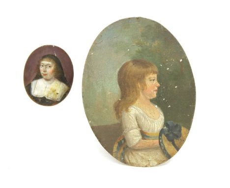 English School (18th Century) and English School (17th Century)Portrait miniature of a small girl in a cream dress, holding a