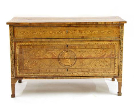 An Italian marquetry-inlaid specimen wood commode, late 18th century and later, the top, sides and two long drawers with figu