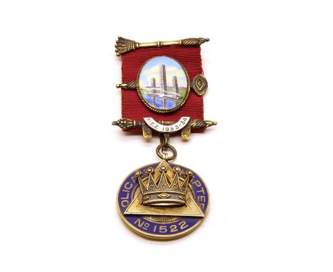 A silver gilt and enamel Masonic medal, for Olicana Chapter No. 1522, set with a crown and triangle over a blue enamelled cha