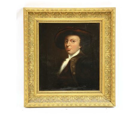 Manner of Sir Joshua ReynoldsPortrait of a gentleman, half length, wearing a brown coat and red hatoil on canvas47 x 42cmCond