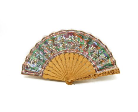 A Chinese Canton school fan in original lacquer case, the paper leaves finely painted on the back and front with both male an