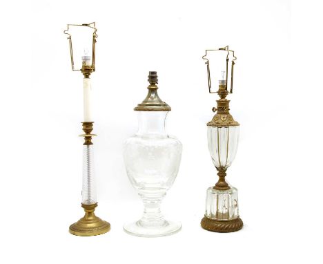 A large brass mounted glass vase lamp, 48cm high, a table lamp, 44cm high and another 50cm high (3)Condition report: The lamp