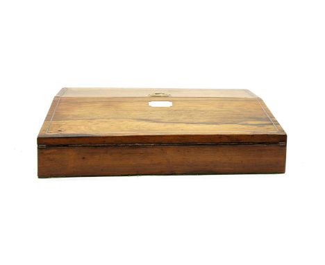 A 19th century rosewood writing box with sloping lid, mother of pearl inlay, one hinged cover opening to reveal lidded compar