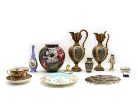 A collection of decorative ceramics, to include a pair of continental majolica ewers (a/f), an impasto floral decorated globu