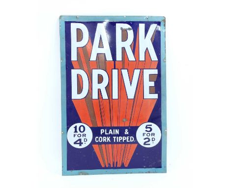 An enamel advertising sign for 'Park Drive', 92 x 61cmCondition report: Some rust to edges, rust patch to upper 'R' dent lowe