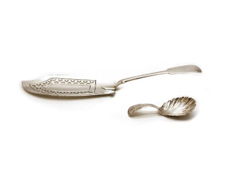 A George III silver fish slice, possibly Thomas Watson, Newcastle, 1790, 30.5cm long and a silver caddy spoon, repaired, cres