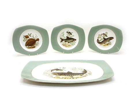 A Norwegian pottery Figgjo Flint fish service, comprising: a serving dish and six plates, 50 and 27cm long