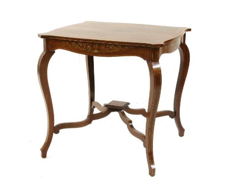 A rosewood center table, late 19th/early 20th century, the quarter veneered top and apron with inlaid decoration, on cabriole