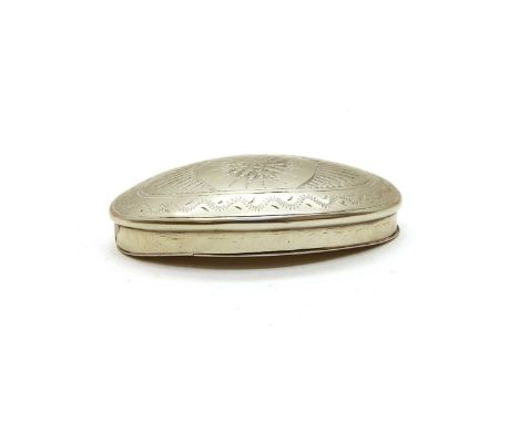 A nickel plated pocket miner's snuff box, mid 19th century, inscribed GW Oakley, Simms Lane, Netherton, 8cm wideCondition rep