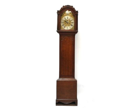 A George III oak longcase clock, eight day five pillar movement striking on a bell, broken arch dial signed 'Searjant Reeve, 