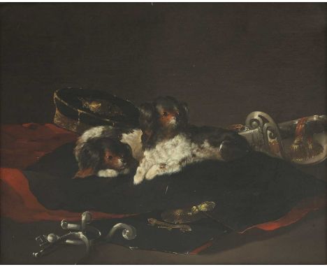English School, 19th centuryThe Hussar's pets, a pair of toy spaniels on a military uniformoil on canvas51 x 61cmCondition re