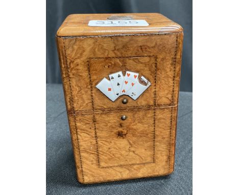 A VICTORIAN BURR WALNUT PLAYING CARD CASE, the cover with enamelled card suit. 13cm by 8cm by 6cmCONDITION REPORTDamage to th