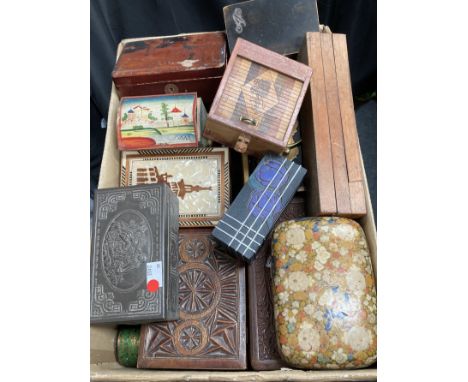 A collection of decorative and other boxes, including: three lacquerware boxes; a string inlaid tea caddy (divisions removed)