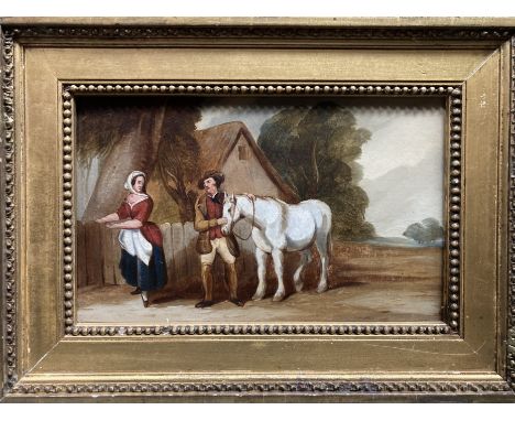 GREY HORSE AND RURAL COUPLE, oil on board, framed; together with&nbsp;a print 'The Flower Garden', published 1845; and&nbsp;a
