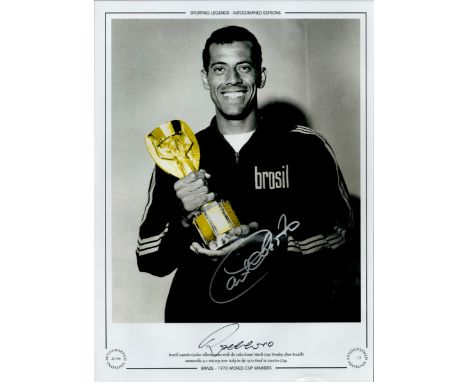 Carlos Alberto signed 16x12inch colourised print pictured hold the Jules Rimet World Cup trophy after Brazil's 4-1 victory ov