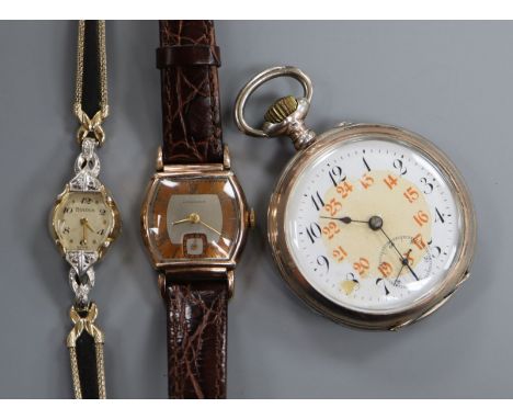 A gold plated Longines two tone dial manual wind wrist watch, a lady's Bulova watch and an 800 pocket watch.