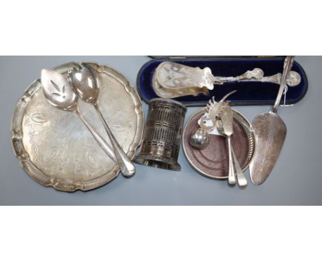 A George III engraved silver salver, London, maker's mark struck twice (Richard Bayley), a silver teaspoon and sundry plate, 