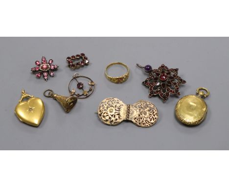 A Victorian Scottish 18ct gold, ruby and pearl ring (Glasgow 1883), garnet brooches, lockets etc.