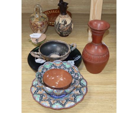 Bjorn Engo, Norway, an enamel copper dish and a collection of miscellaneous pottery and other items, including an Indian pain