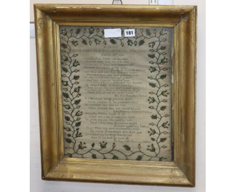 A needlework sampler, 1836, tapestry picture, three watercolours, oil on canvas by S. Johnson and three prints