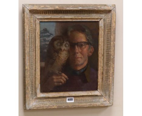 Ronald Benham oil on canvas, Self Portrait with Owl, signed, Mall Galleries label verso, 30 x 25cm.