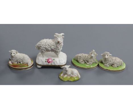 Five Staffordshire porcelain figures of sheep, c.1830-50, each base painted with enamel colours, H. 2.8cm - 7.5cmProvenance -
