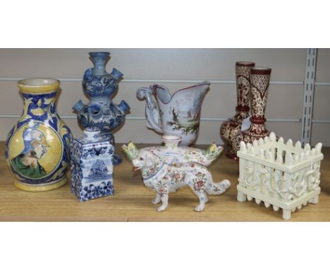 A Dutch Delft polychrome vase, a French Veuve Perrin faience ewer and sundry other Continental ceramics, including a pair of 