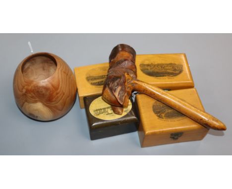 A turned wood pot, a carved wood 'Gladstone' pipe and four Mauchline ware boxes, comprising 'Tunbridge Wells', 'Margate Sands
