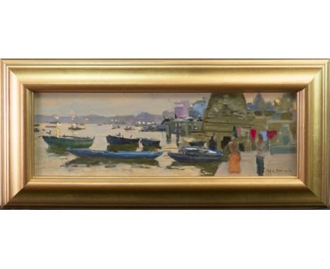 * KEN HOWARD OBE RA,EVENING LIGHT TOWARDS MANIKARNIKAoil on canvas, signed, further signed, titled and dated 2014 verso20.5cm