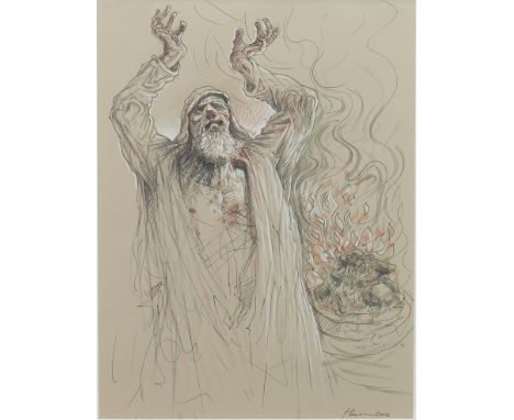 * PETER HOWSON OBE,MOSES AND THE BURNING BUSHmixed media on paper, signed and dated 201240cm x 30cmMounted, framed and under 