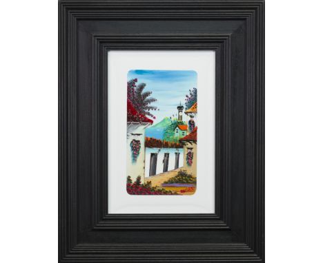 JOHN DAMARI, FORMENTERA DEL SEGURA BENIJOFAR, SPAIN oil on ceramic , signed 30cm x 19.5cm Framed