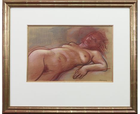 * PETER HOWSON OBE,RECLINING NUDEpastel on paper, signed28cm x 43cmMounted, framed and under glass