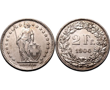 SWITZERLAND. Silver 2 francs, 1904. Dies by Antoine Bovy. Obv: Figure of Helvetia standing left, holding spear and supporting