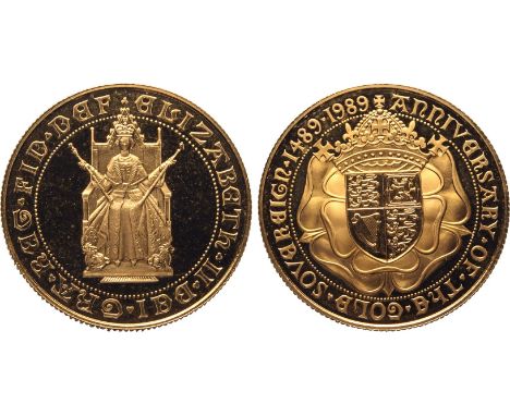 UNITED KINGDOM. Elizabeth II, 1952-2022. Gold 2 pounds (double sovereign), 1989. Royal Mint. Proof. Commemorating the 500 yea