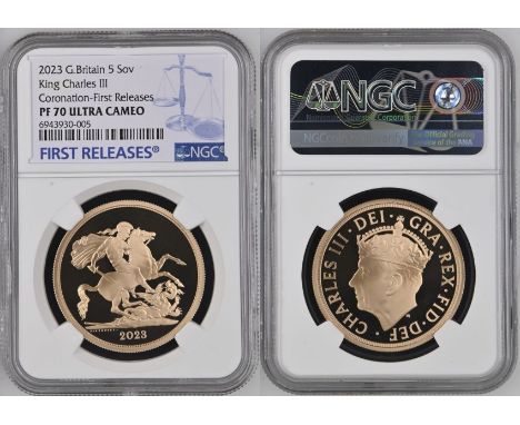 UNITED KINGDOM. Charles III, 2022-. Gold 5 pounds (5 sovereigns), 2023. Royal Mint. Proof. Crowned portrait of King Charles I