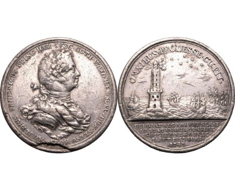 SWEDEN. Adolph Frederick, 1710-77. Pewter coronation medal, 1743. Half-length portrait to the right / Lighthouse on rocks in 