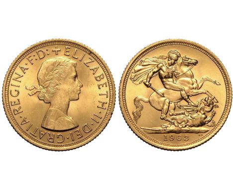 UNITED KINGDOM. Elizabeth II, 1952-2022. Gold sovereign, 1963. Royal Mint. First, laureate head of Elizabeth II facing right;