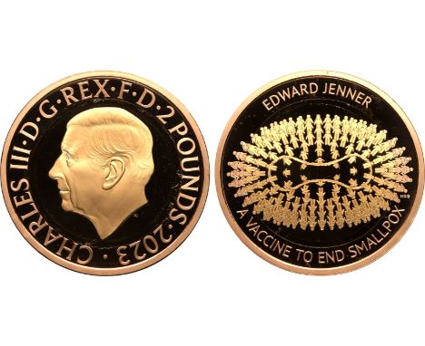 UNITED KINGDOM. Charles III, 2022-. Gold 2 pounds, 2023. Royal Mint. Proof. 200th anniversary of Edward Jenner’s death.Uncrow