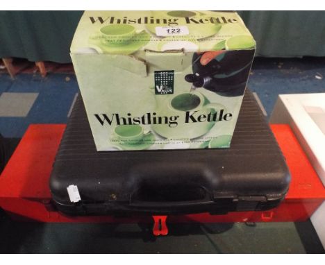 A Snap On Tools Tool Box, Whistling Kettle and Camping Stove.
