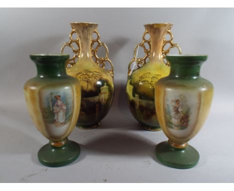 A Pair of Edwardian Ceramic Vases and A Pair of Opaque Glass Vases.