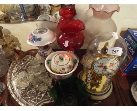 A Tray of Glass and Ceramic Sundries to Include Koma Pillar Clock Under Glass DOme, Glass and Plated Candle Lights, Part Dres