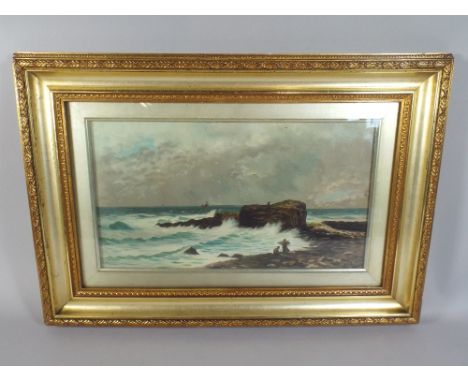 A Gilt Framed Oil Depicting Seascape with figures on Rocky Shore to Foreground.