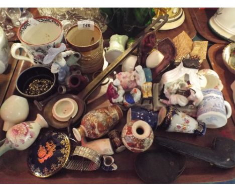 A Tray of Ceramics to Include Continental Fairings, Loving Mug, Oriental Vases, Cased Pipe Etc.