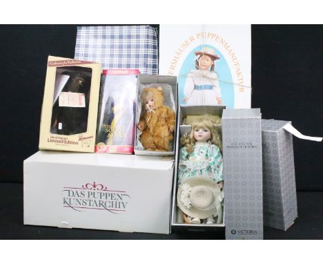 Eight boxed contemporary dolls &amp; teddy bears to include Luna Babies, Althans ltd edn 44130, 3 x Victoria, Mattel Barbie P