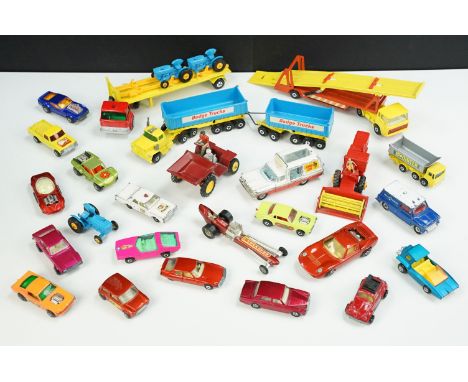 Around 25 mid 20th C diecast models to include Corgi, Matchbox, Dinky and Britains featuring Corgi Whizzwheels Commuter Drags