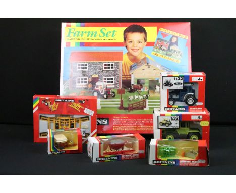 Six boxed Britains farming related diecast models to include 9552 Folding Disc Harrow, 9525 Mercedes Benz 1500 Tractor, 9561 